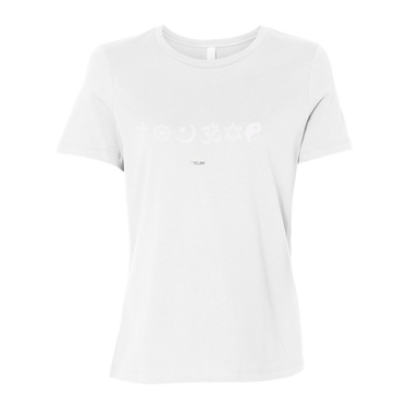 One Love Women's Tee with religious symbols from Christianity, Islam, and Judaism, promoting peace, love, and religious harmony. 100% cotton relaxed fit shirt in White